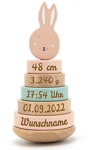 Personalisierter Stapelturm aus Holz von Trixie mit Namen und Geburtsdaten graviert Geburtsgeschenk HASE