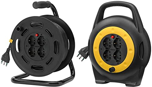 Vimar 0P32731 Avvolgicavo Con Disgiuntore Termico Di Protezione, Nero, 27.5 X 20 X 37.5 Cm & 0P32714 Avvolgicavo 10 Metri, Con 4 Prese Universali A Standard Italiano Sicury, Nero Giallo