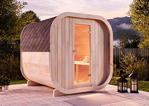 FinnTherm Fasssauna aus Holz ScandiCube Comfort, Outdoor-Sauna modern, Außensauna Garten mit 42 mm Wandstärke, Saunahaus 204 x 225 x 212 cm, naturbehandelt oder Thermoholz