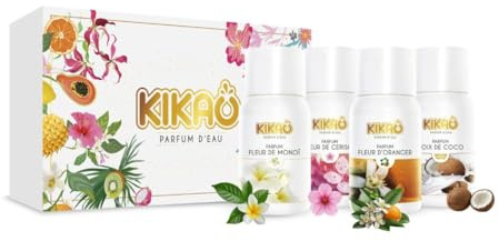 KIKAO – Coffret parfums pour Spa - 4x30 ml - Fleur de Monoï, Cerisier, Oranger, Noix de Coco - Senteur Solaire et Florale - Couvre l'odeur de chlore et brome - Fabriqué en France