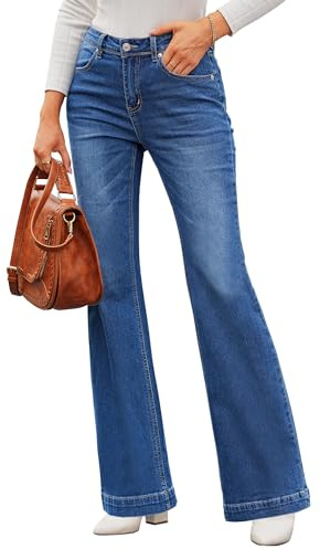 Roskiky - Pantaloni jeans a zampa da donna, larghi, a vita alta, stile baggy, elasticizzati, L
