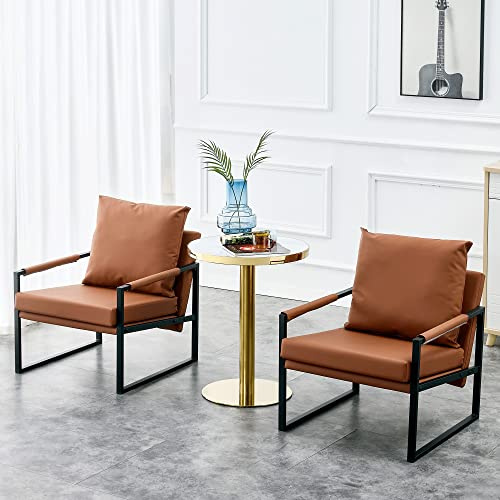Kayan 2 x Sessel, PU Ledersofa aus Weiche Kissen und Metallrahmen Rutschfestes Einzelsofa Polsterstuhl Ledersessel Braun, Loungesessel für Wohnzimmer Büro Studierzimmer Empfangshalle