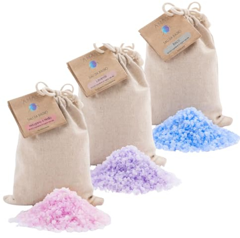 AMAS sali da bagno - Idea regalo - 3 fragranze - 350 g (10 utilizzi) x3 - Lavanda Ibisco Frutti di bosco 100% NATURALE - VEGANO- idea regalo natale