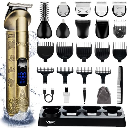 VGR Tondeuse à barbe rechargeable pour homme – Tondeuse à cheveux sans fil – Étanchéité IPX6 – Rasoir électrique – Kit de toilettage pour oreilles, nez, corps, visage, barbe de mort – 8 en 1