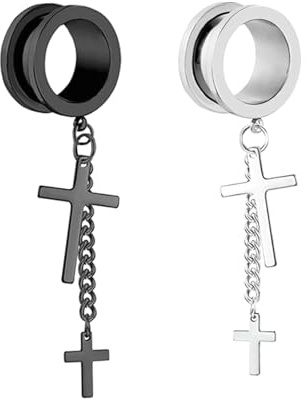 Ayoiow Stainless Steel 1 Inch Ear Gauges Hanger for Men Silver Black with Chain and Cross Pendant Gauges for Ears Women
