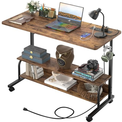 Besiost 39 Height Adjustable Standing Desk with Power Outlets - Manual Rolling Stand Up Desk with Wheels Small Portable Computer Desk Mobile Laptop Table with Storage Shelves for Home Office, Rustic