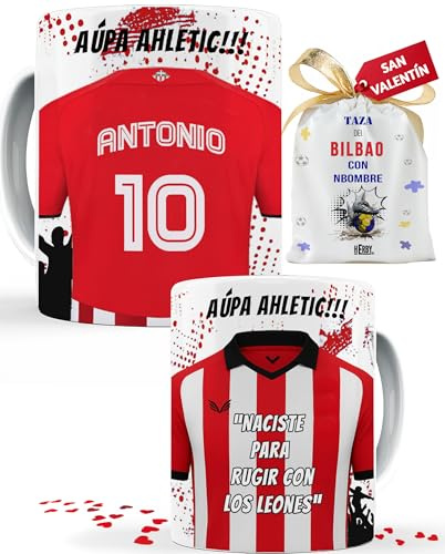 Taza del Athletic personalizada con nombre y número, diseños de tazas de futbol para fans del Athletic, tu equipo favorito en taza de cerámica de café, té, chocolate 325 ml(Athleticocerámica)