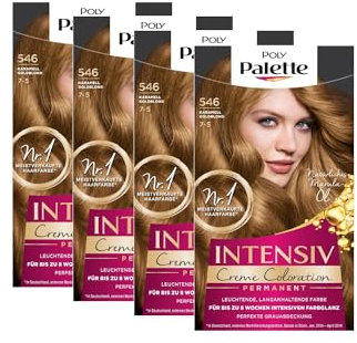 POLY PALETTE Intensiv Creme Coloration 7-5/546 Karamell Goldblond Stufe 3 (4 x 115 ml), permanente Coloration für bis zu 8 Wochen intensiven Farbglanz & 100% Grauabdeckung