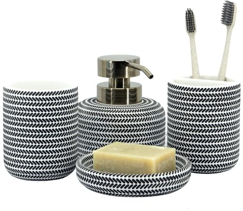 ZCCZ Set accessori bagno bianco nero 4 pezzi - Portaspazzolino, dispenser sapone, vassoio, bicchiere - Organizzatore tavolo elegante per casa e decorazione bagno moderno.