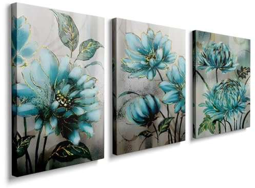 prinfantasy Canvas Photo Framed 3 Panels Blue Flower Modern Wall Art Floral Pictures Prints for Bedroom Office Home Decorations Poster, YH086