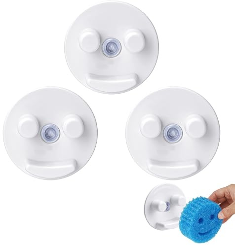GIRAFEDA 3 Stück Schwammhalter Smiley Spülschwammhalter mit Saugnapf Schwamm Halterung Lustig Weißer Schwammhalter Spülbecken ohne Bohren Sponge Holder für Küche Bad (Schwämme Nicht enthalten)