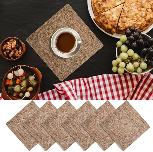 Craft Trade 6er-Set Handgewebt Geflochten Natür Jute Tischset Reversibel Rechteck Tisch Tischmatte Set Rustikal Vintage Jute-Tischsets für Dekor Küche und Esstisch- 33X33 cm