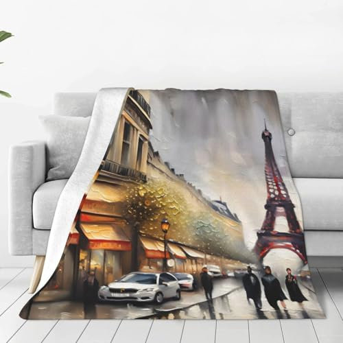 Ölgemälde Pariser Straßenszene, Eiffelturm-Druck, vielseitig, ultraweiche Flanelldecke, Unisex-Flanelldecke, Reisedecke für Klimaanlage
