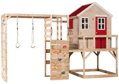 Wendi Toys M21-G Stelzenhaus mit Kletterwand, Kletternetz aus Holz, Kinder Spielturm Holz Garten Outdoor, 197×356×242 cm, mit Turnringen, Leiter, Monkey Bar, wetterfest