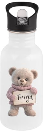 Personalisierte Trinkflasche Kinder Edelstahl [ 400ml ] - Robuste Trinkflasche mit Namen und Teddy - Wasserflasche mit Trinkhalm - Personalisierte Geschenke für Kinder (Rosa)