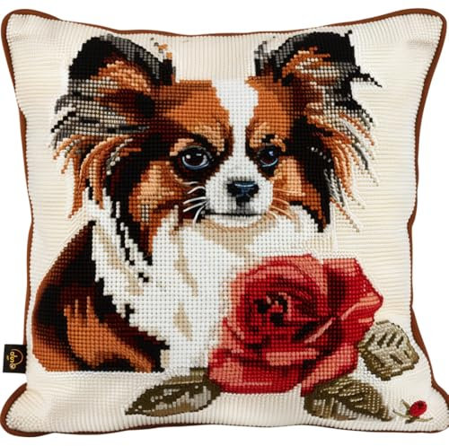 ORLUMY DIY Kissen Knüpfen Set Knüpfhaken-Sets „Papillon“ Mit Hunden Und Rosen，Knüpfhaken-Sets，Kissenbezug，Sofakissen，Diy-Häkelgarn-Sets Für Anfänger，Basteln，Heimdekoration 43x43cm