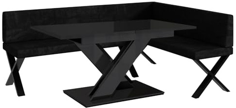 MEBLINI Eckbank für Esszimmer mit ausziehbarem Tisch - Küchenbank - Essecke - Sitzecke Küche - Peter - X-Beine 142x196x87cm Rechts - Graphit Samt/B Schwarz Hochgl.