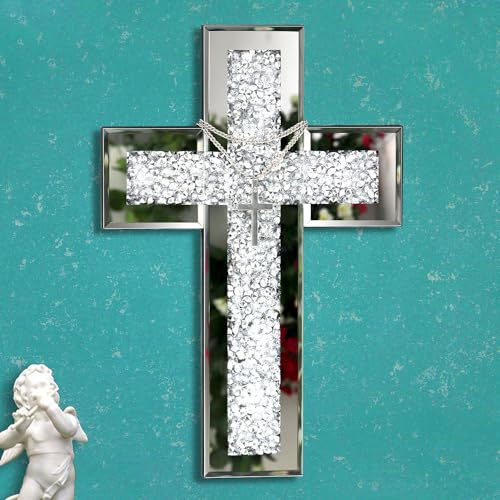 GIMORRTO Cross Wall and Table Decor, Glass Mirrored Surface, Modern Style, Religious Theme, Silver, 15 x 5 Inches, Indoor (15)