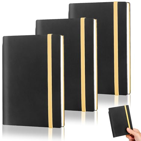 3 Stück Notizbuch A6 Notizblock Klein, Leder Notizbuch 192 Seiten Notizbücher Set mit Gummizugverschluss, 9.6 x 14,5cm Mini Stifthalter Notizblock Schwarz Reisetagebuch für Büro und Schule, Notizheft