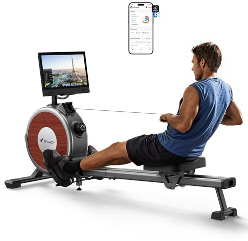 MERACH Rowing Machine for Home Gym, Magnetic Rower with 16 Levels of Quiet Resistance, Dual Slide Rails, 158 kg Weight Capacity, App Compatible (15.6 Inch HD Screen)