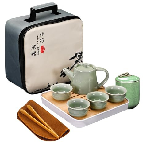 Servizio da Te Cinese, Set da The con Teiera e Tazze Ceramica, Set da Tè Kung Fu Tradizionale Portatile con 1 Teiera, 4 Tazze da Tè, 1 Vassoio da Tè e 1 Borsa da Viaggio per Gli Amanti del Tè