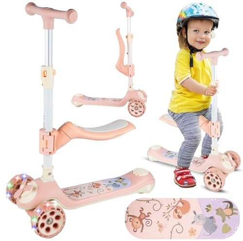 Malplay Kinderroller Scooter Dreirad Faltroller mit LED-Rädern und Sitz, Rosa ab 2 Jahren höhenverstellbar Cityroller