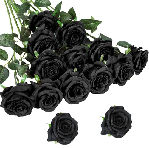 15 Stücke Kunstblumen Seidenblumen Rosen 51x7cm Kunstblumen Blätter Schwarz | Verstellbare Stiele,Realistisch und Weich Künstliche Blumen für DIY Hochzeitsfeier, Valentinstag, Zuhause Dekoration