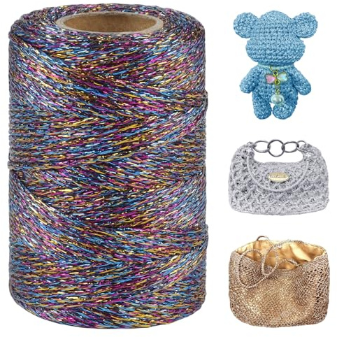 LEREATI Metallic Häkelgarn 3mm x 100m Makramee Garn zum Häkeln & Stricken Glitzergarn Polyester Garn für Handtaschen Hut Korb Häkeln, DIY Bastelarbeiten (Bunt)