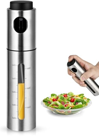 NOOMIEQCF 100ml Stainless Steel Olive Oil Sprayer Bottle Multi Purpose for Cooking, Salads, BBQs,One Handed Use. Suitable for Oils, Vinegar, Soy Sauce, Wine. Features a Window to Measure the Content