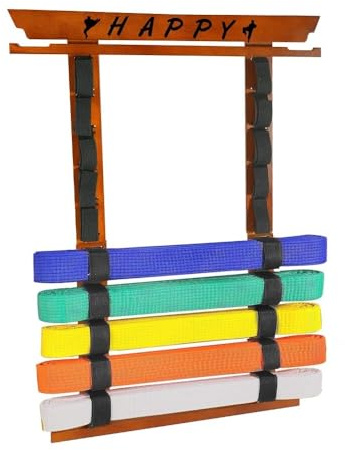 M.J COMFY-LIFE Karate Belt Display Rack10-Slot Martial Arts Belt Holder with Medal Hooks Stickers Taekwondo Judo Belt Organizer for Dojo Home Decor (Walnut wood)