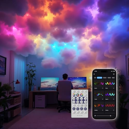 Neisouf Wolkendecke LED Watte Licht, DIY RGB+IC Chasing Musik Sync 3D Baumwolle Deckenwolkenlicht mit APP und Fernbedienung zur Dekoration (5M)