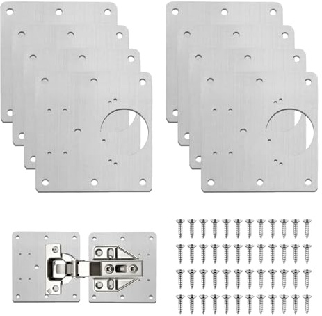 8pcs Cabinet Hinge Repair Plates, Kitchen Cupboard Hinge Repair Plate with Customized Screws 9x9 Cm Stainless Steel Cupboard Door Hinges Repairs Brackets Hinges Repairs Kit for Furniture Cupboards