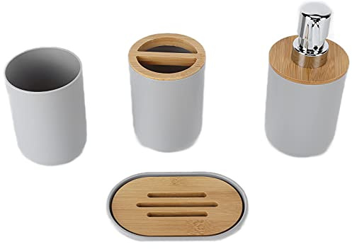 Generic Ensemble D'accessoires de Salle de Bain Moderne 4 Pièces, Tasse de Brosse à Dents Lisse et étanche en Bambou pour la Maison et L'hôtel, Fournitures de Salle de Bain Parfaites, Cadeau (Grey)