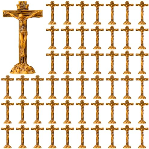 Qunclay 50 Pcs Little Jesus Crucifix Standing Cross 1.97 Inch Resin Mini Jesus Figures Bulk, Catholic INRI Cross Decor for First Communion, Easter, Church Altar & Christian Home Tabletop(Dark Brown)