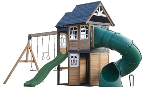 AXI Noud Aire De Jeux en Bois, 2 Balançoires, Toboggan Tubulaire Et Toboggan Vert | Maisonnette XXL pour Enfants avec Structure d'escalade Et Trapèze | pour Le Jardin