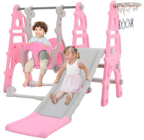 FUKEA Kids Slide, Large 4 in 1 Toddler Slide, Climber & Swing Set with Basketball Hoop, Garden Climbing Frames, Slide for Children Age 1-3 Indoor & Outdoor, for Kids (Pink)