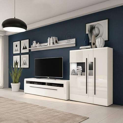 Lomadox Wohnwand 3-teilig in Weiß Hochglanz mit 160 cm Lowboard, Wandboard & Highboard inkl. Beleuchtung - Anbauwand, Fernsehwand, Vitrine, Vitrinenschrank, Fernsehschrank, Fernsehtisch