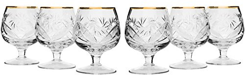 Victoria Bella TM5290G, 7 Oz. Hand-Made Crystal Brandy Glasses, 24K Gold-Plated Vintage Scotch Whiskey Cut Crystal Snifters on a Stem, Wedding Gift Drinkware, Set of 6