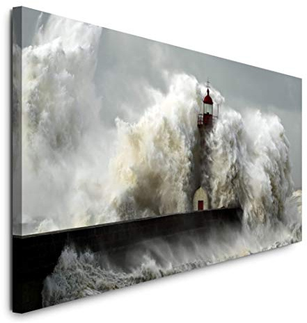 Paul Sinus Art GmbH Sturm und Leuchtturm 120x 50cm Panorama Leinwand Bild XXL Format Wandbilder Wohnzimmer Wohnung Deko Kunstdrucke