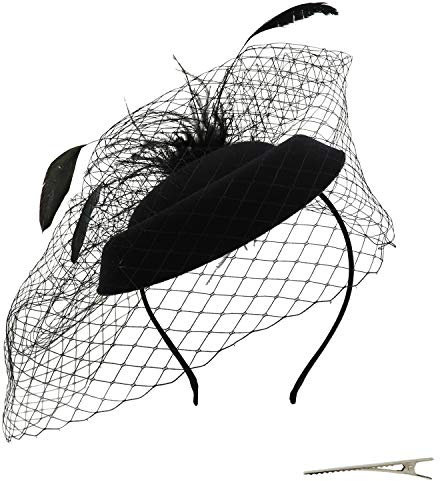 Umeepar Damen Pillbox Fascinator Hut Hochzeit Tea Party Hüte mit Federn Schleier Stirnband Clip (Schwarz)
