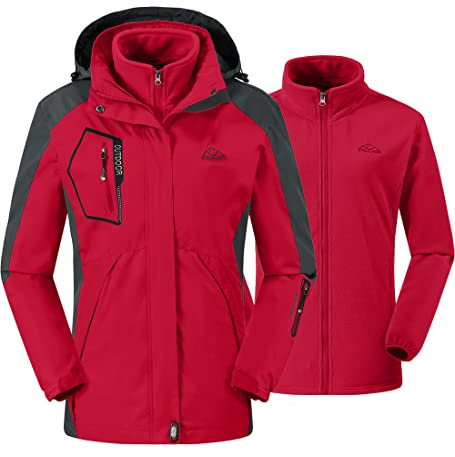 donhobo Damen Outdoor 3-in-1 Skijacke, Zweiteilige Winterjacke mit Fleecejacke, Winddicht Wasserdicht Freizeitjacke Warm Mantel Jacke mit Kapuze Rot L