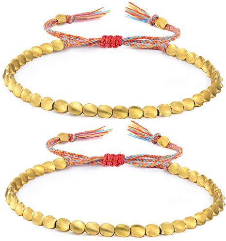 Lot de 2 bracelets tibétains tressés en cuivre faits à la main - Réglable - Perles colorées (style perle trilatérale), 16-26 cm / 6.3-10.2 inches, perles et fil de cuivre