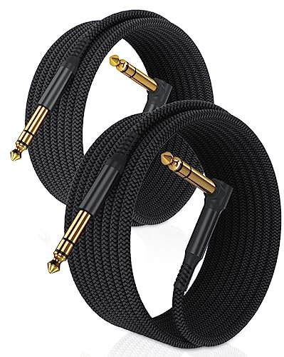 RUXELY 6.35mm TRS Instrument Cable 3M 2-Pack,Right Angle 90 Degree 1/4 Inch Male Jack Stereo Audio Cord,6.35 Balanced Line Lead for Electric Guitar,Bass,Keyboard,Mixer,Amplifier/AMP,Speaker,Equalizer
