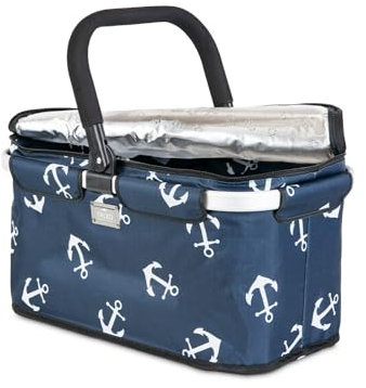 Genius Thermo-Einkaufskorb Falko dunkelblau mit Anker | Einkaufstasche 22l groß, faltbar, mit Deckel | Tragekorb mit Kühlfunktion für unterwegs