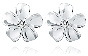 Reffeer Solid 925 Sterling Silver Plumeria Flower Earrings Studs for Women Teens CZ Flower Stud Earrings (A-Silver)