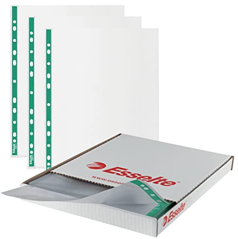 Esselte 628617-500 buste in poliestere, spessore 43 micron, buste A4 goffrate con dorso verde rinforzato perforato, ideali per raccoglitori a leva e raccoglitori ad anelli (confezione da 500),