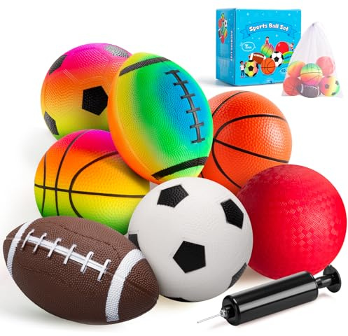 INPODAK 7pcs Balls for Toddlers 1-3, Rainbow Balls, 5 Inches PVC Football, Mini Basketball, Small Playground Ball, Backyard Game Ball Set for Indoor Outdoor