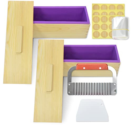 Artcome 42oz Soap Loaf Molds 2 Sets Rectangular Silicone Moulds Wooden Box with Lid, DIY Soap Making Supplies with with Stainless Steel Wavy Scraper and Plastic Straight Cutter