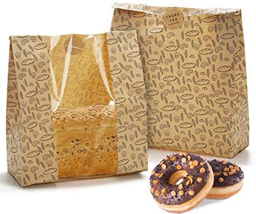Hacaroa 100 Pack Paper Bread Bags with Clear Window, 10.8x10x4 Kraft Bakery Bags with 100 Stickers, Brown Toast Packaging for Bread, Cookies