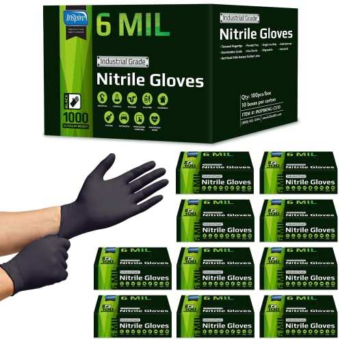 Inspire HEAVY DUTY 6Mil ORIGINAL Quality Stretch Nitrile Gloves Black Disposable Latex Free | Food, Industrial, Mechanic Tattoo (6Mil Black, Large)